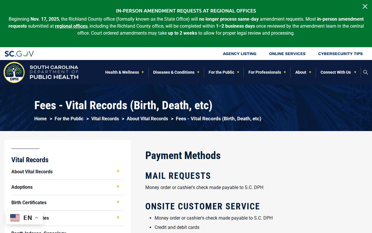 Goose Creek residents directory South Carolina vital records fees
