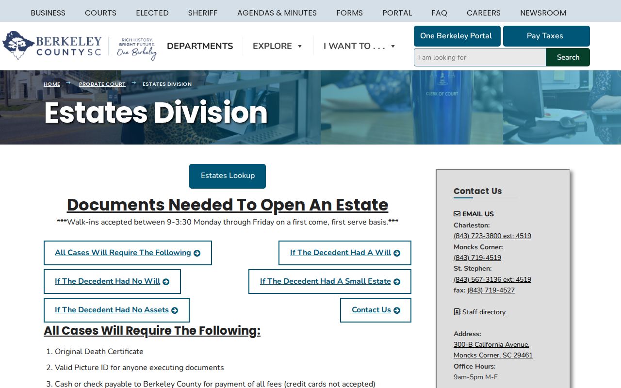 Goose Creek resident lookup Berkeley Probate estates guidance